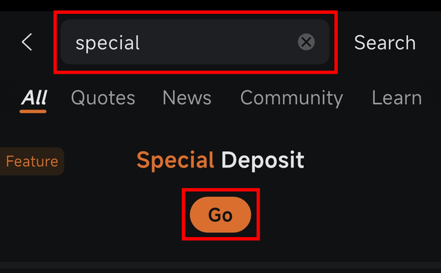 在 moomoo App 搜索 special deposit 并点击 Go